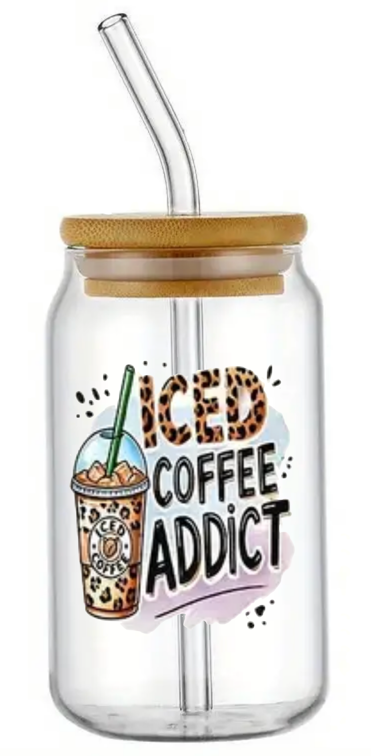 ICED COFFEE ADDICT NOVELTY GLASS JAR TUMBLER CUP WITH LID, STRAW AND BRUSH