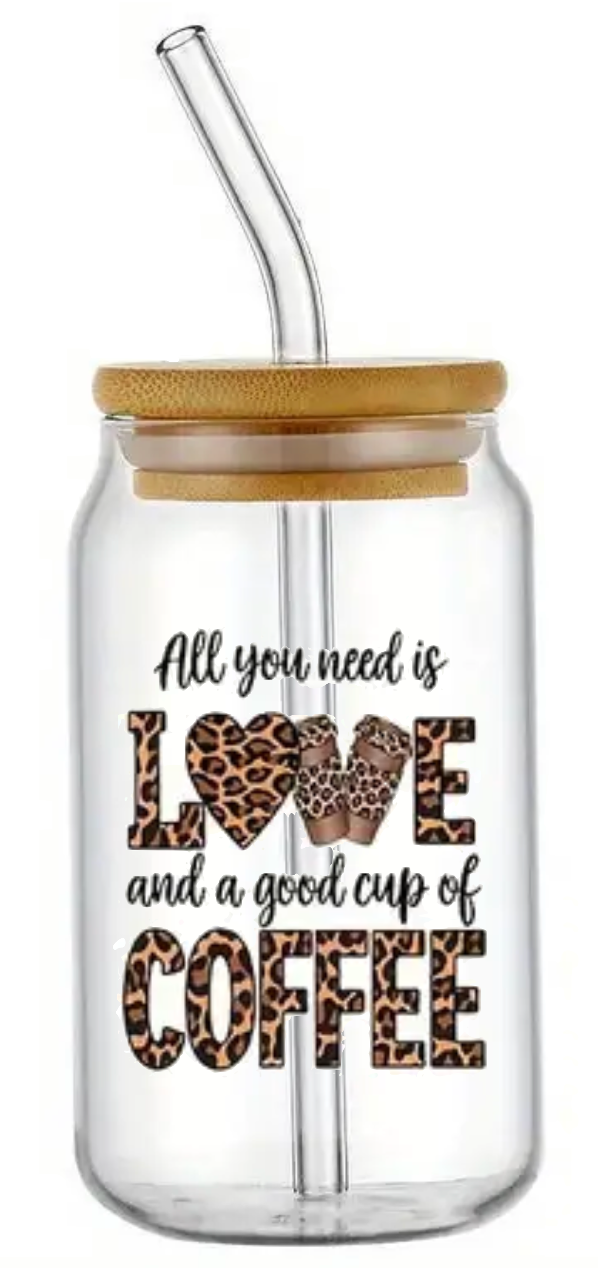 LOVE AND GOOD COFFEE NOVELTY GLASS JAR TUMBLER CUP WITH LID, STRAW AND BRUSH