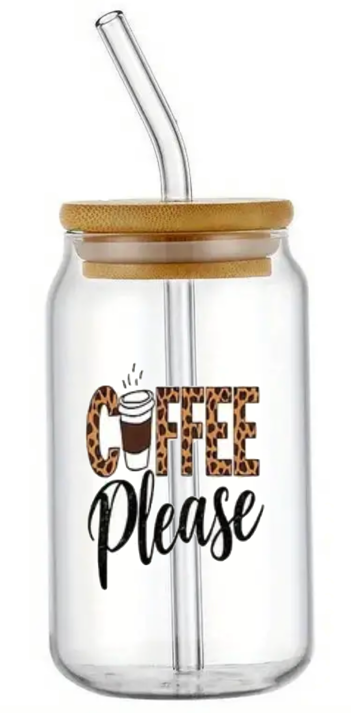COFFEE PLEASE NOVELTY GLASS JAR TUMBLER CUP WITH LID, STRAW AND BRUSH