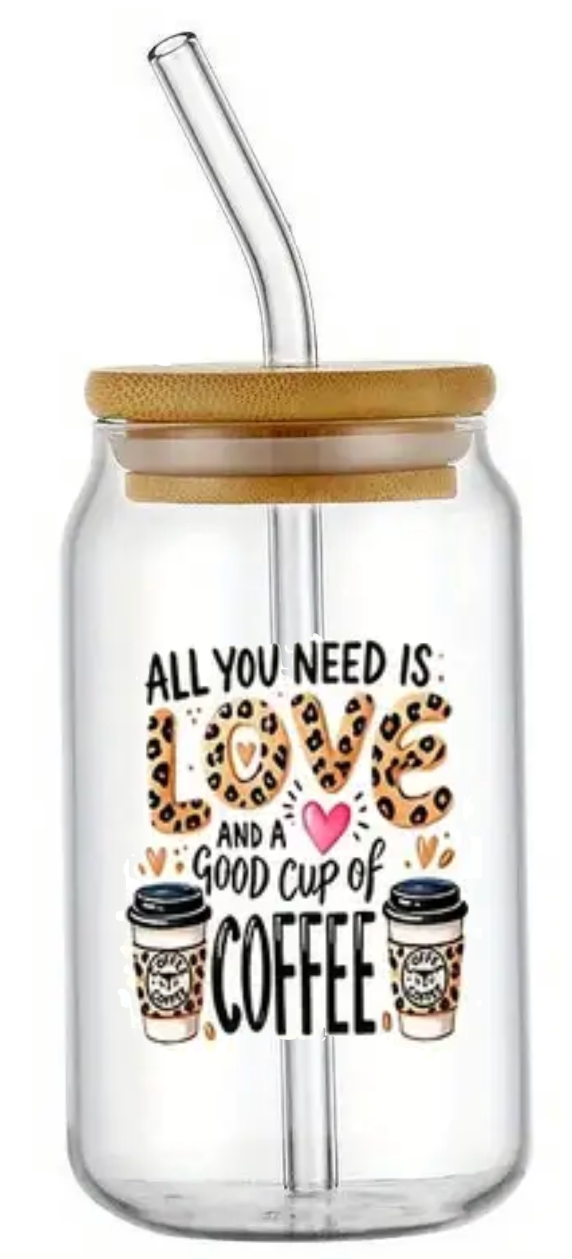 LOVE AND COFFEE FUNNY NOVELTY GLASS JAR TUMBLER CUP WITH LID, STRAW AND BRUSH