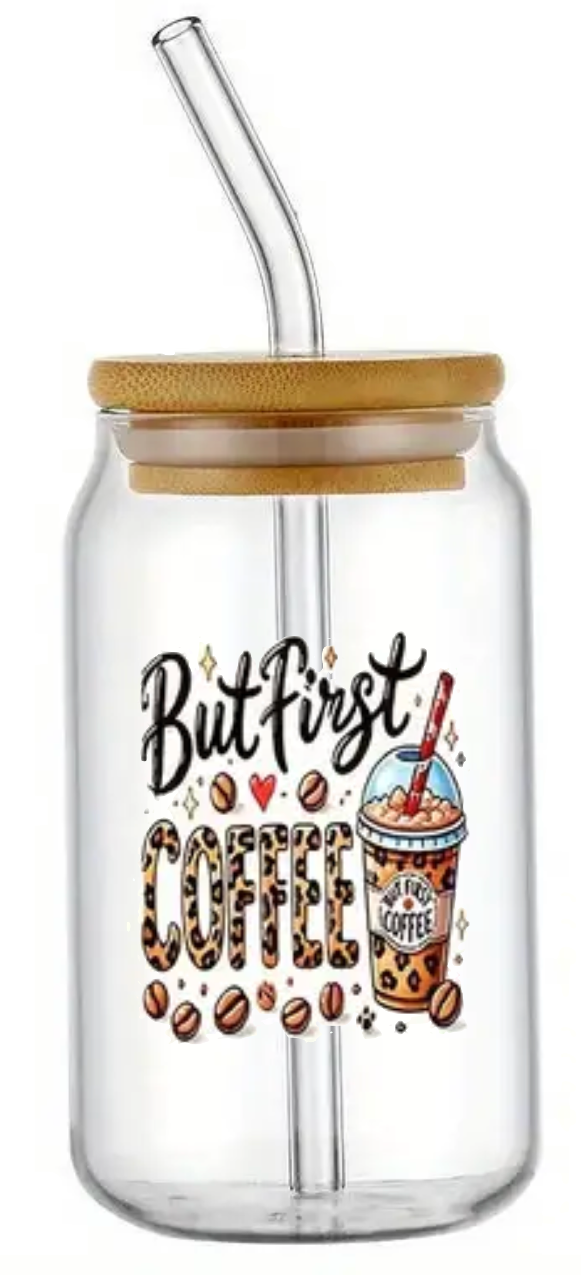 BUT FIRST COFFEE ICED NOVELTY GLASS JAR TUMBLER CUP WITH LID, STRAW AND BRUSH