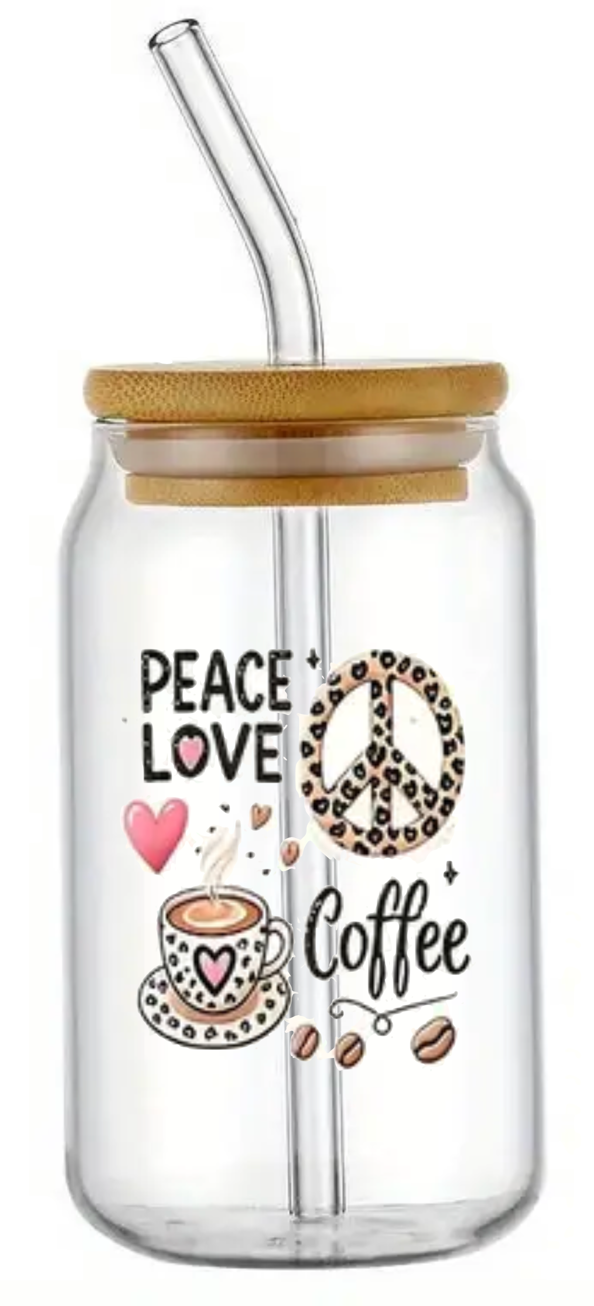 LOVE PEACE COFFEE FUNNY NOVELTY GLASS JAR TUMBLER CUP WITH LID, STRAW AND BRUSH