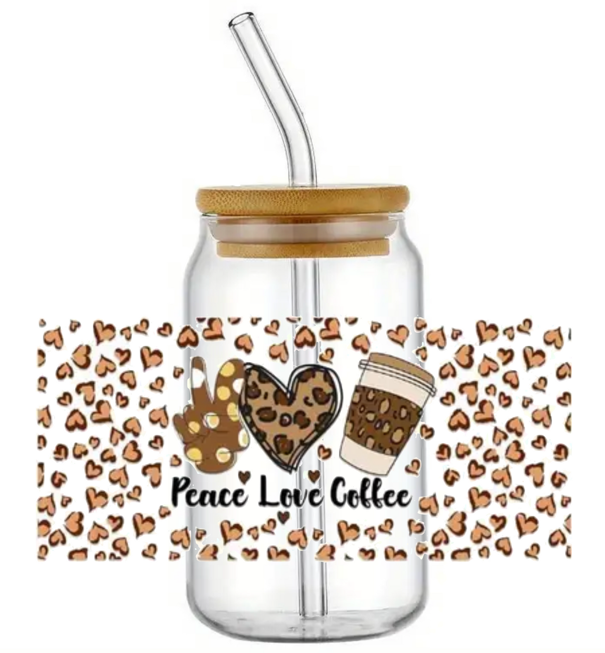 COFFEE LOVE PEACE FUNNY NOVELTY GLASS JAR TUMBLER CUP WITH LID, STRAW AND BRUSH