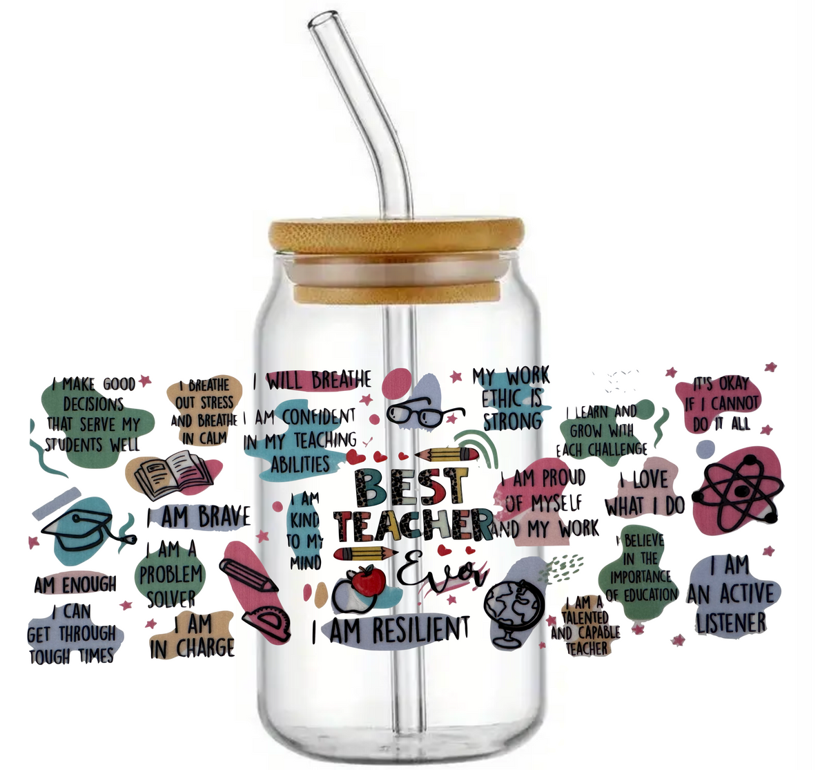BEST TEACHER EVER GIFT GLASS JAR TUMBLER CUP WITH LID, STRAW AND BRUSH