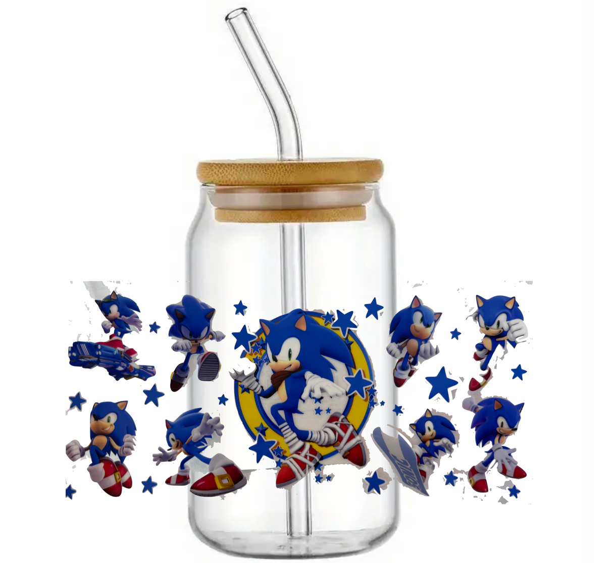 SONIC THE HEDGEHOG GLASS JAR TUMBLER CUP WITH LID, STRAW AND BRUSH