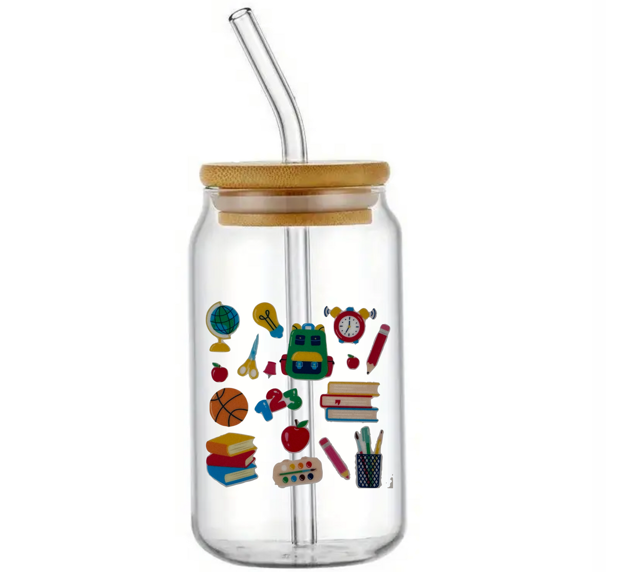 KINDER SCHOOL TEACHER BOOKS GLASS JAR TUMBLER CUP WITH LID, STRAW AND BRUSH