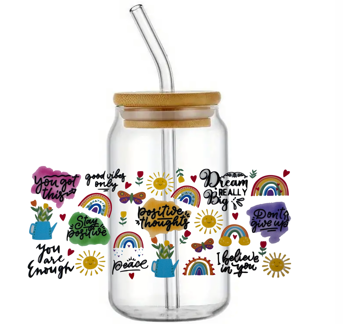 POSITIVE THOUGHTS GLASS JAR TUMBLER CUP WITH LID, STRAW AND BRUSH