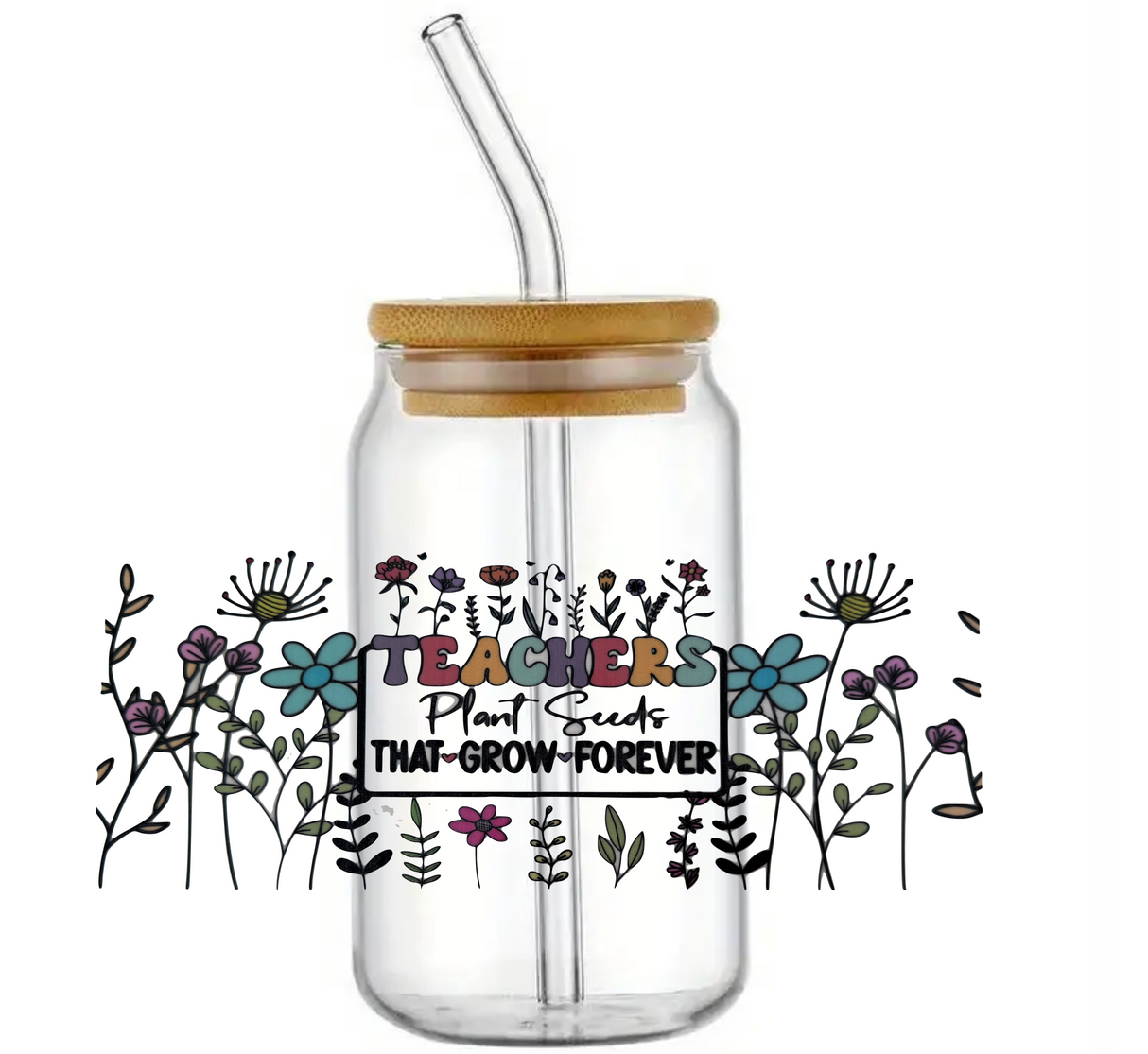 TEACHER PLANT SEEDS THAT GROW GLASS JAR TUMBLER CUP WITH LID, STRAW AND BRUSH