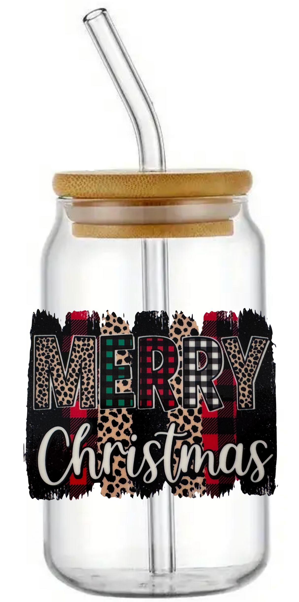 MERRY CHRISTMAS XMAS FESTIVE GLASS JAR TUMBLER CUP WITH LID, STRAW AND BRUSH