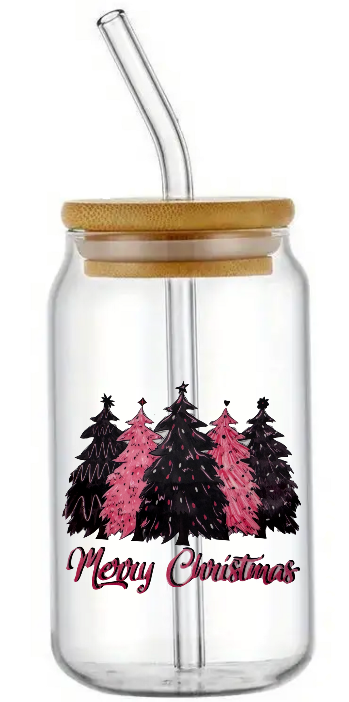 FESTIVE MERRY CHRISTMAS XMAS GLASS JAR TUMBLER CUP WITH LID, STRAW AND BRUSH