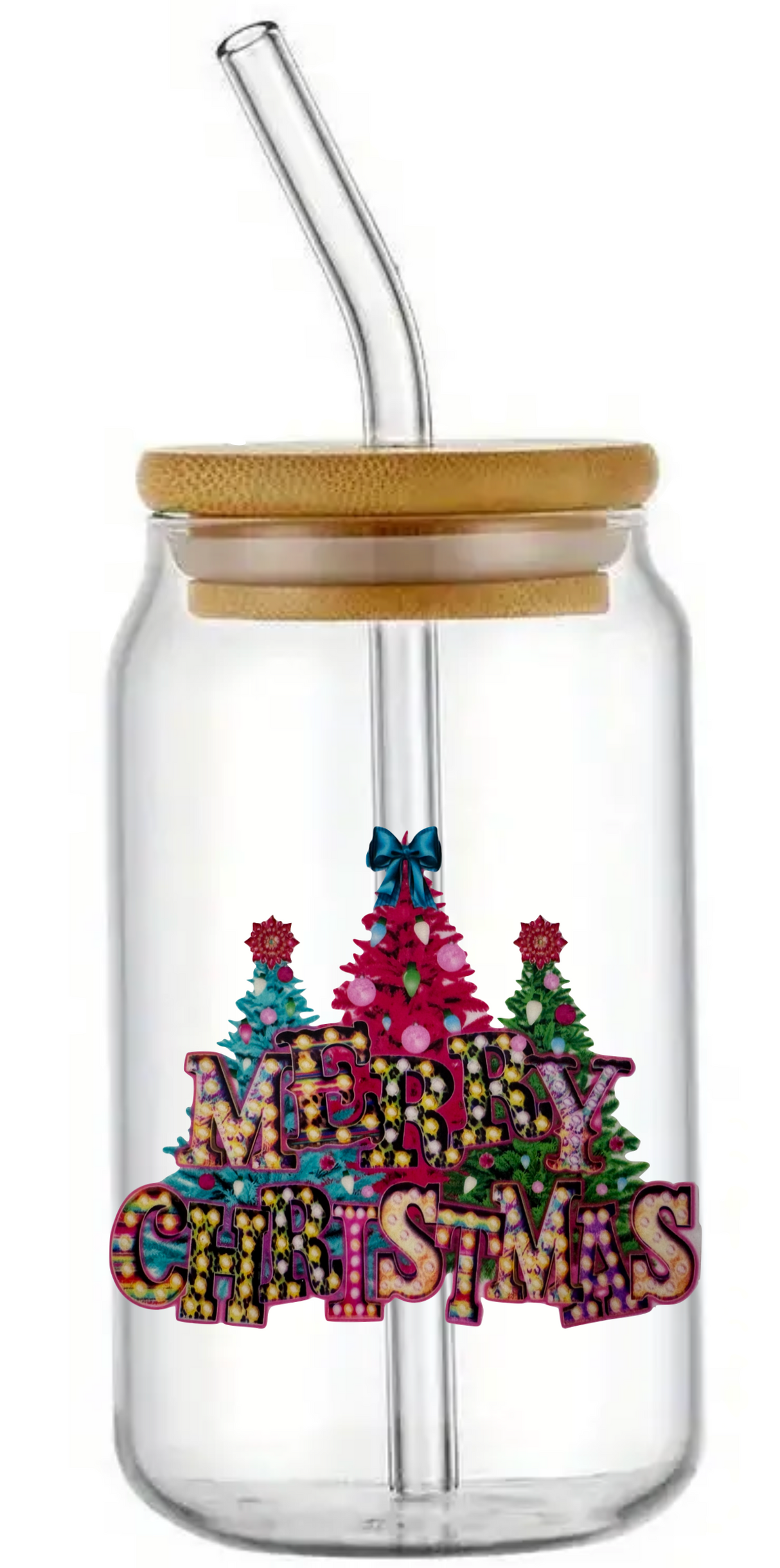 CHRISTMAS XMAS FESTIVE GLASS JAR TUMBLER CUP WITH LID, STRAW AND BRUSH