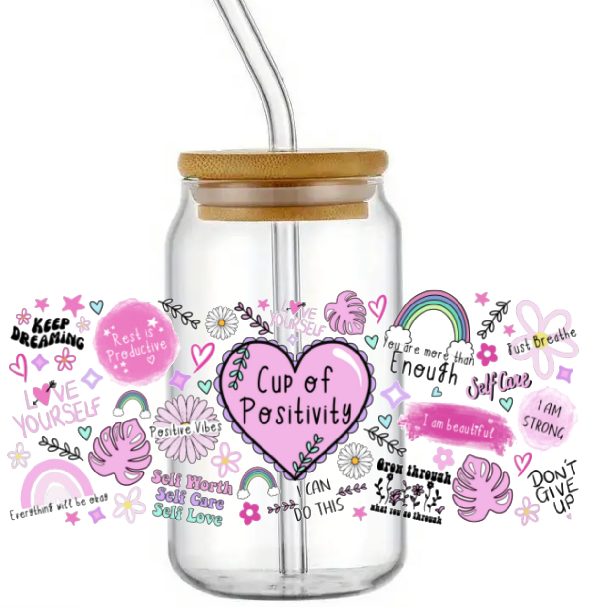 CUP OF POSITIVITY GLASS JAR TUMBLER CUP WITH LID, STRAW AND BRUSH