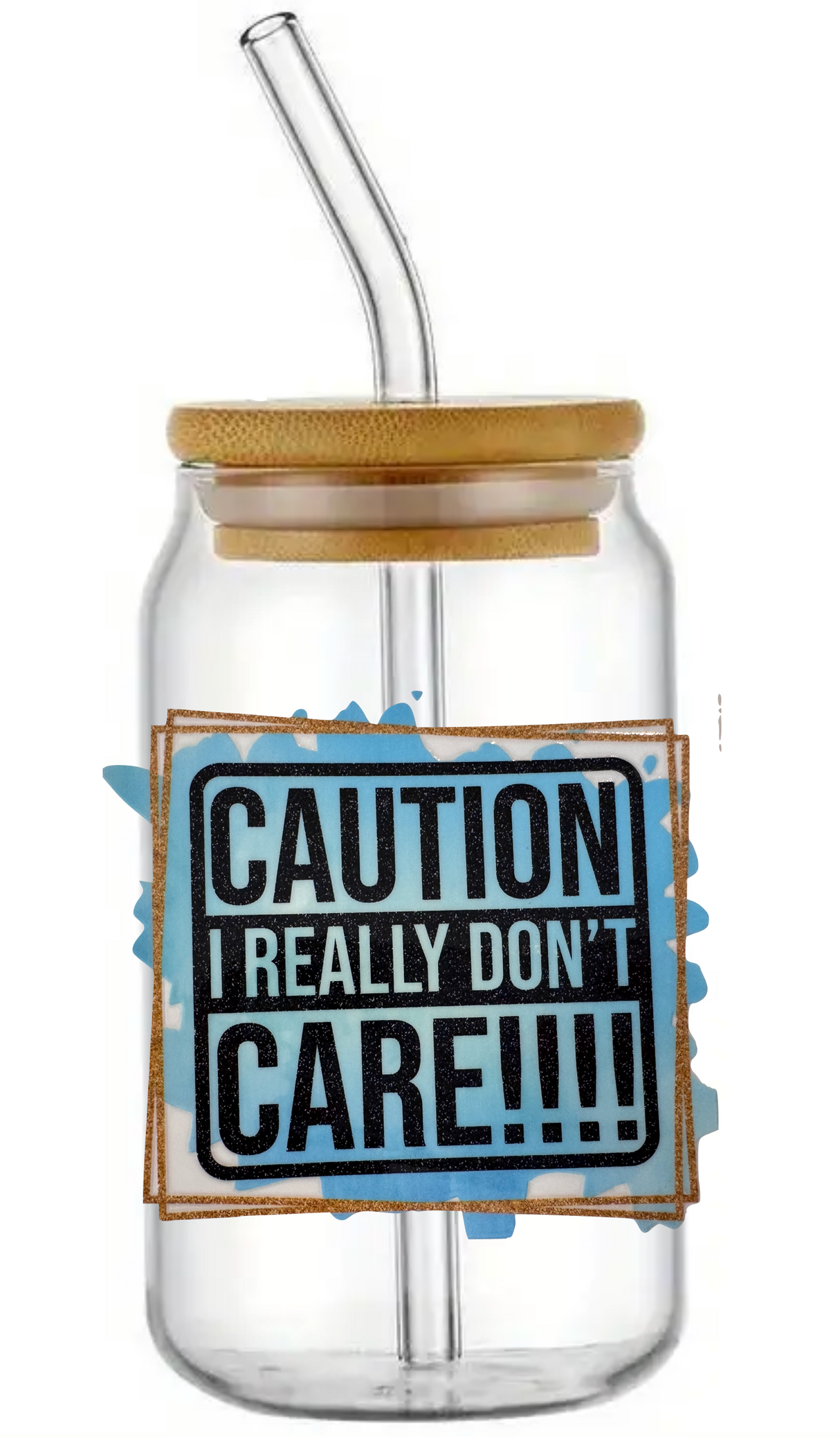 CAUTION I REALLY DON'T CARE GLASS JAR TUMBLER CUP WITH LID, STRAW AND BRUSH