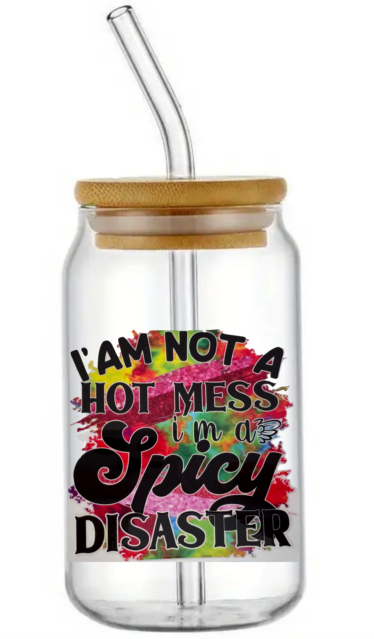 I'M A SPICY DISASTER GLASS JAR TUMBLER CUP WITH LID, STRAW AND BRUSH