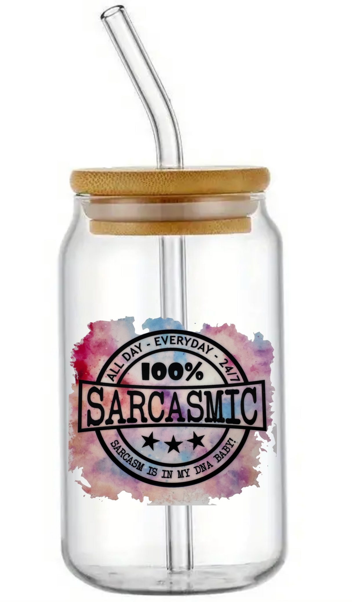 SARCASM IS IN MY DNA GLASS JAR TUMBLER CUP WITH LID, STRAW AND BRUSH