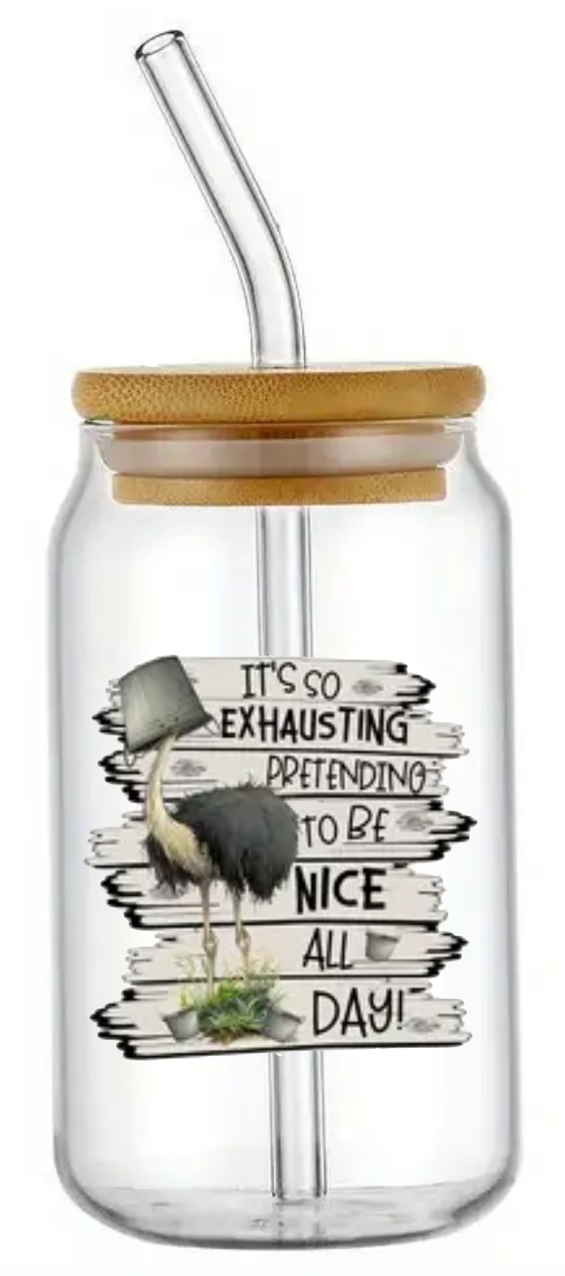 IT'S EXHAUSTING PRETENDING TO BE NICE GLASS JAR TUMBLER CUP WITH LID, STRAW AND BRUSH