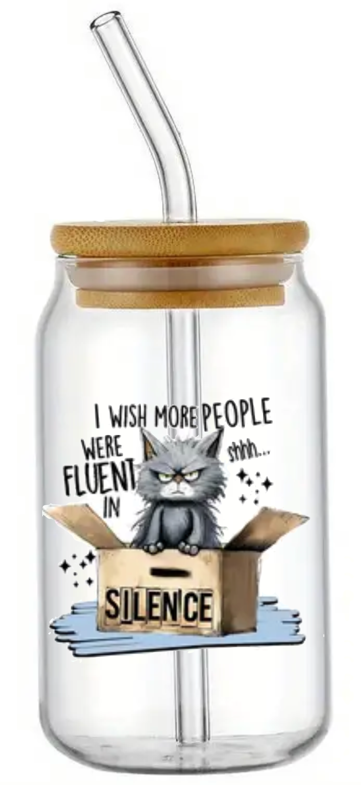 CAT FLUENT IN SILENCE GLASS JAR TUMBLER CUP WITH LID, STRAW AND BRUSH