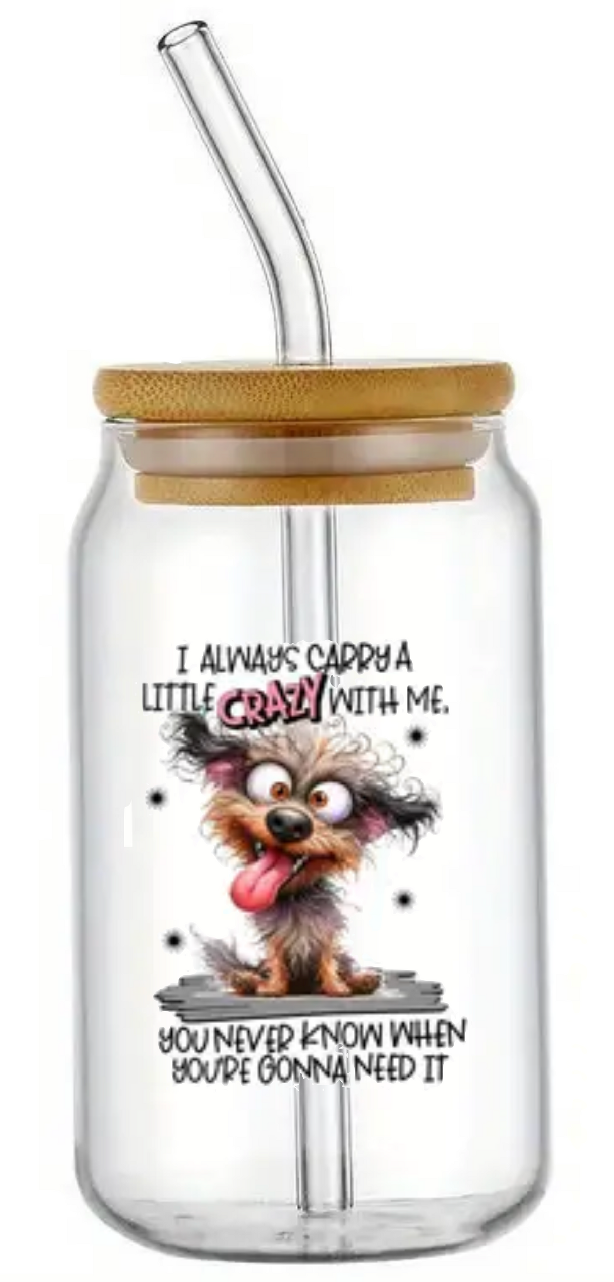 I ALWAYS CARRY A LITTLE CRAZY GLASS JAR TUMBLER CUP WITH LID, STRAW AND BRUSH