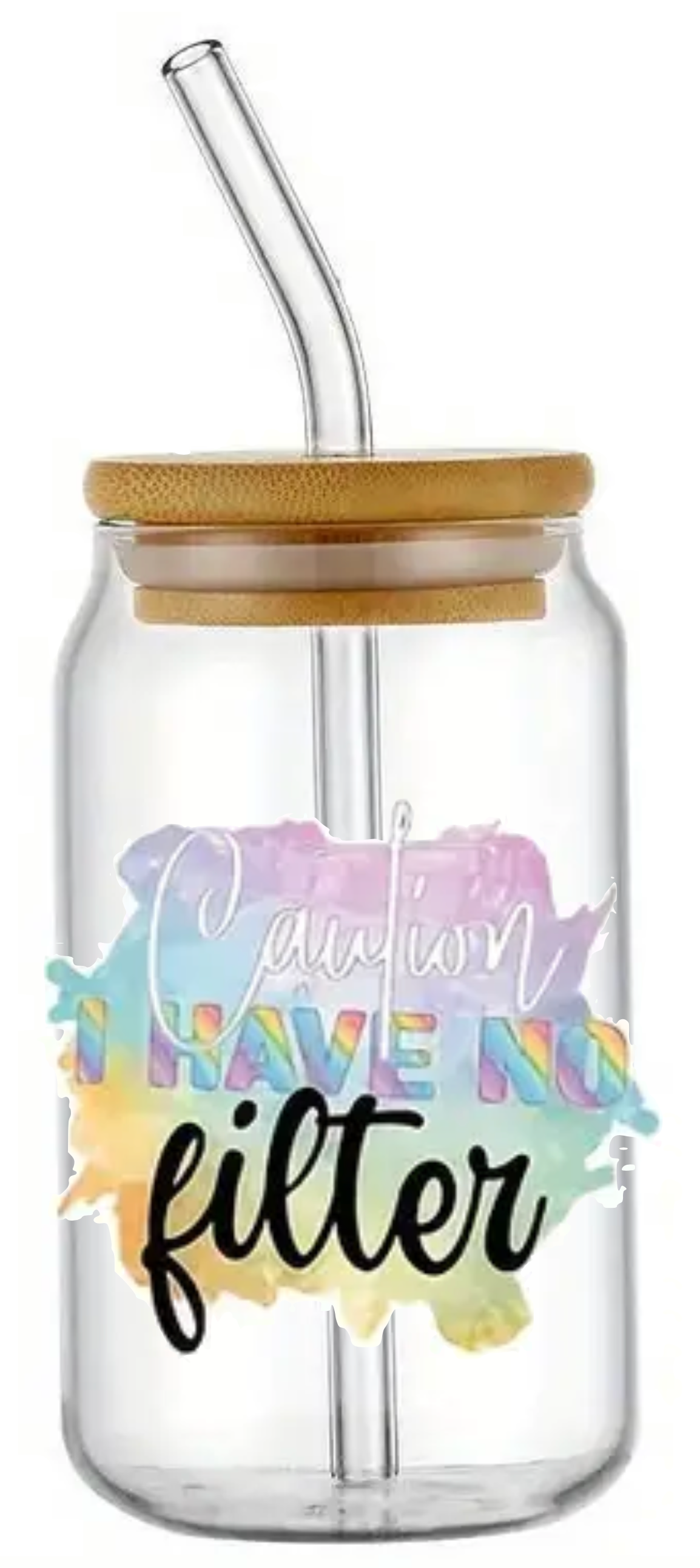 CAUTION I HAVE NO FILTER GLASS JAR TUMBLER CUP WITH LID, STRAW AND BRUSH