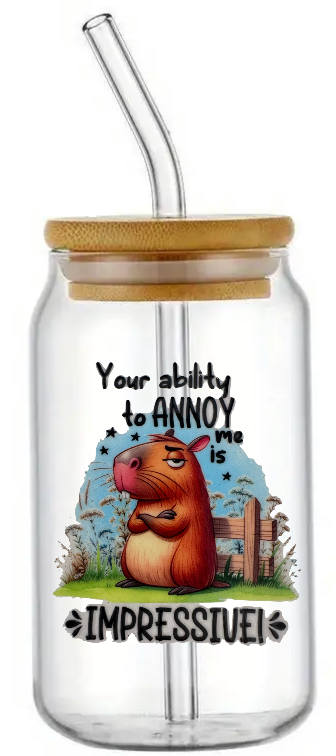 YOUR ABILITY TO ANNOY ME IS IMPRESSIVE GLASS JAR TUMBLER CUP WITH LID, STRAW AND BRUSH