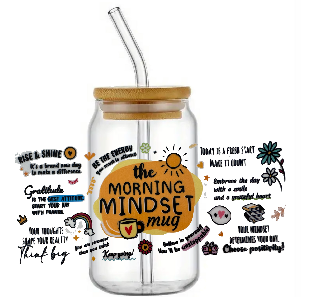 MORNING MIDSET GLASS JAR TUMBLER CUP WITH LID, STRAW AND BRUSH