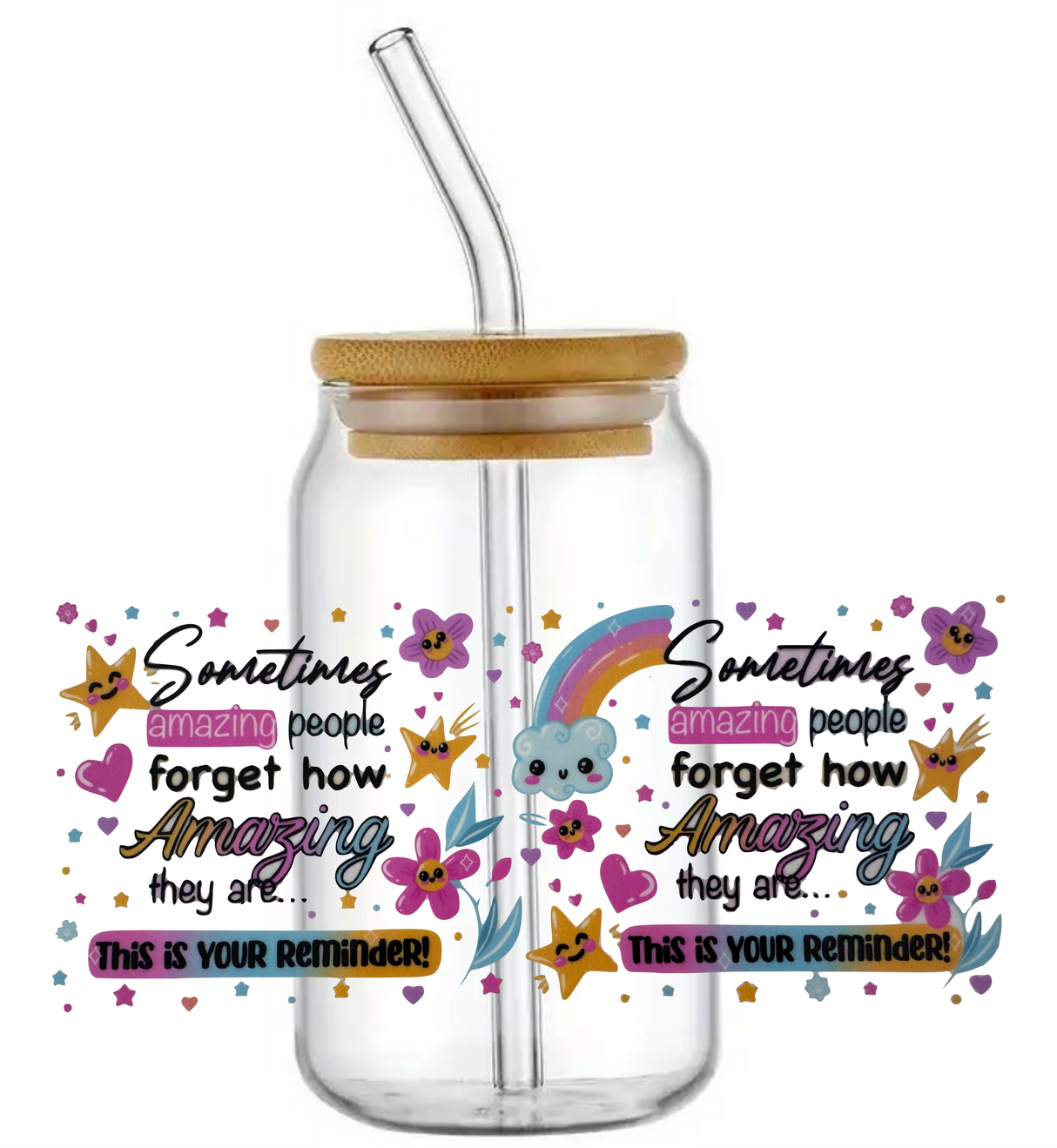 AMAZING PEOPLE REMINDER GLASS JAR TUMBLER CUP WITH LID, STRAW AND BRUSH