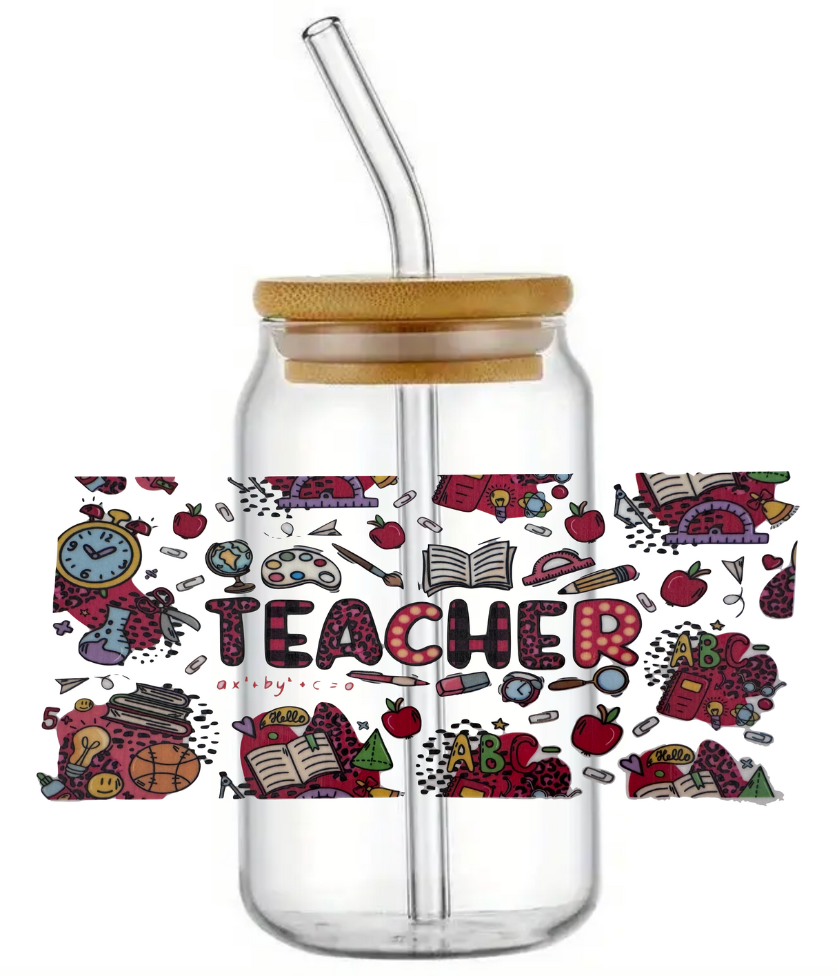TEACHER SCHOOL GIFT GLASS JAR TUMBLER CUP WITH LID, STRAW AND BRUSH