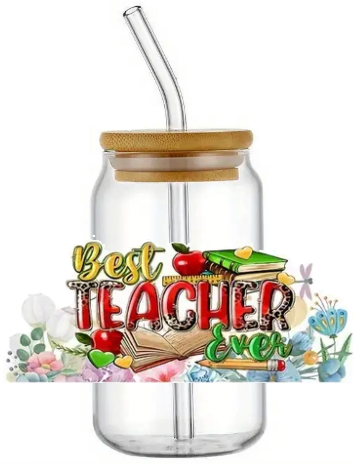 BEST TEACHER EVER SCHOOL GIFT GLASS JAR TUMBLER CUP WITH LID, STRAW AND BRUSH