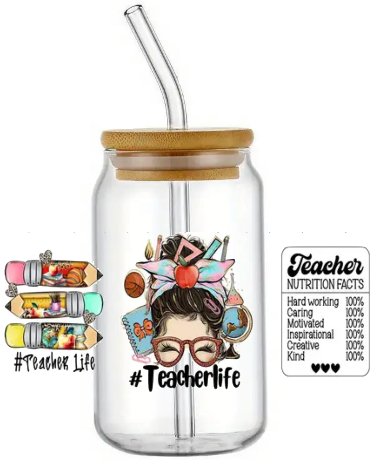 TEACHER LIFE SCHOOL GIFT GLASS JAR TUMBLER CUP WITH LID, STRAW AND BRUSH