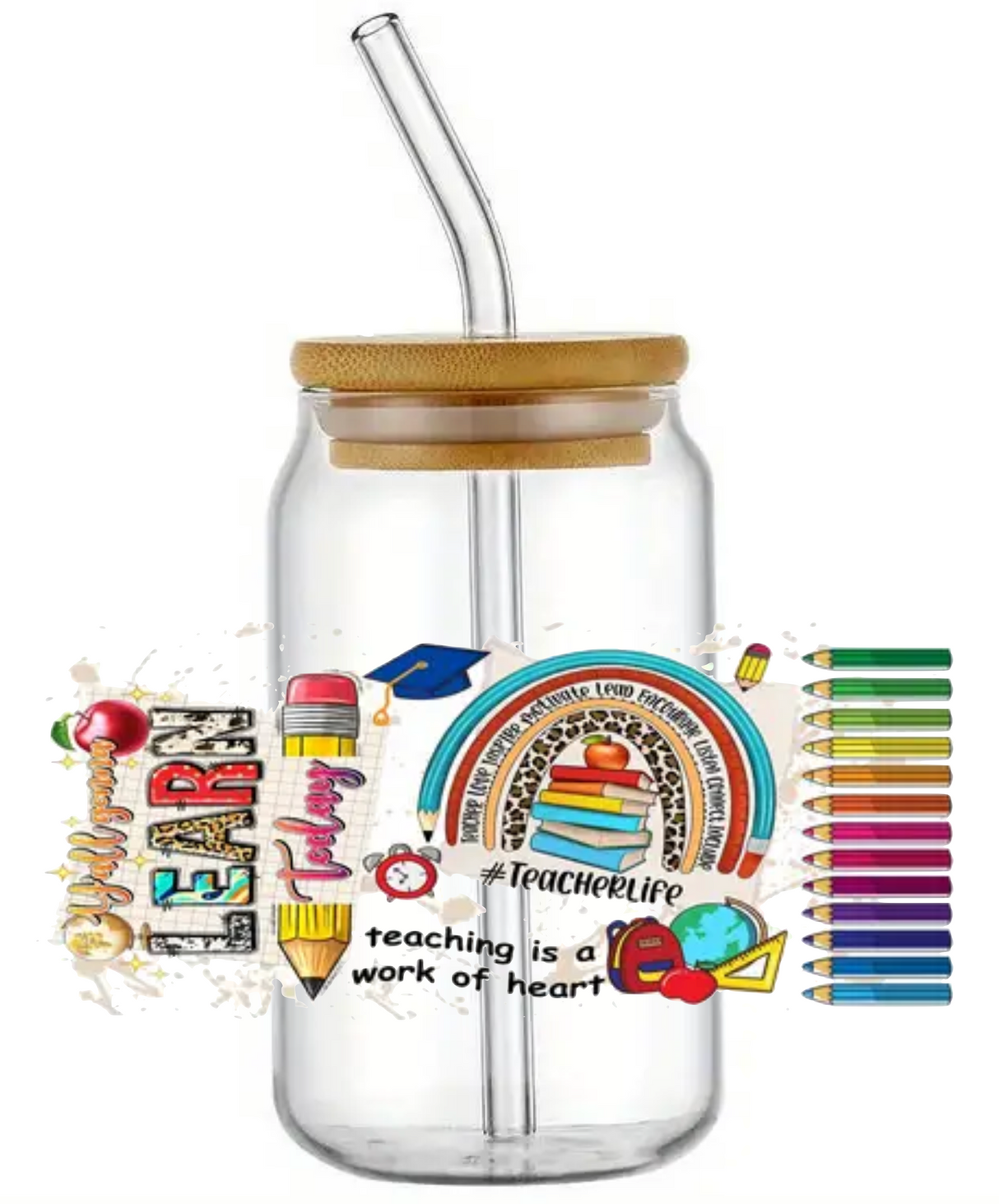 TEACHER LEARNING SCHOOL GIFT GLASS JAR TUMBLER CUP WITH LID, STRAW AND BRUSH