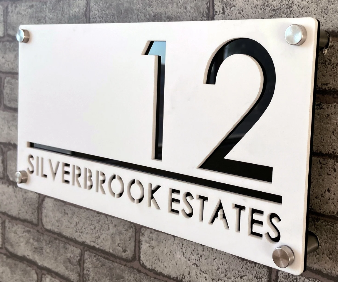 CUSTOM HOUSE SIGN NUMBER STREET SIGN WHITE BLACK ACRYLIC ADDRESS DOOR WALL PLAQUE