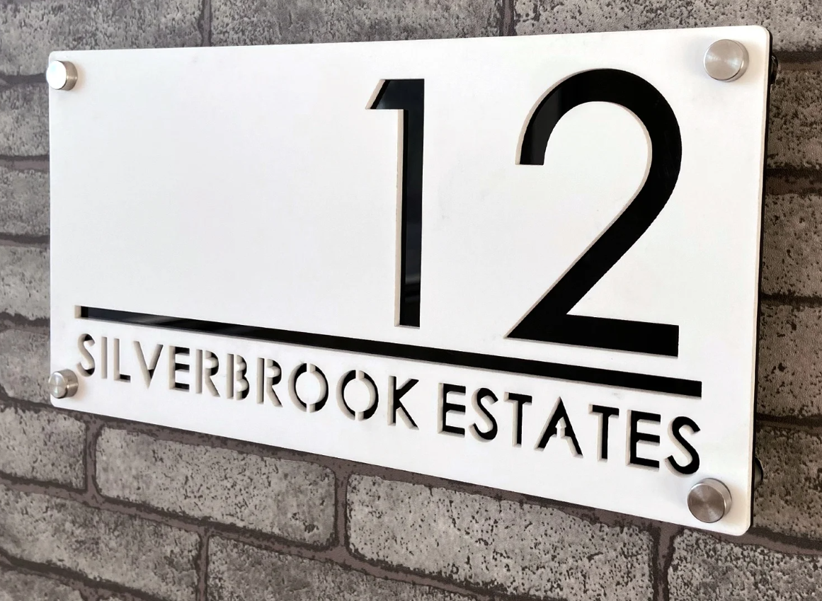 CUSTOM HOUSE SIGN NUMBER STREET SIGN WHITE BLACK ACRYLIC ADDRESS DOOR WALL PLAQUE