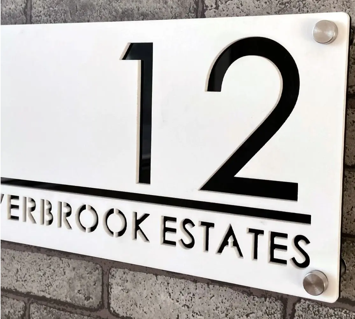 CUSTOM HOUSE SIGN NUMBER STREET SIGN WHITE BLACK ACRYLIC ADDRESS DOOR WALL PLAQUE