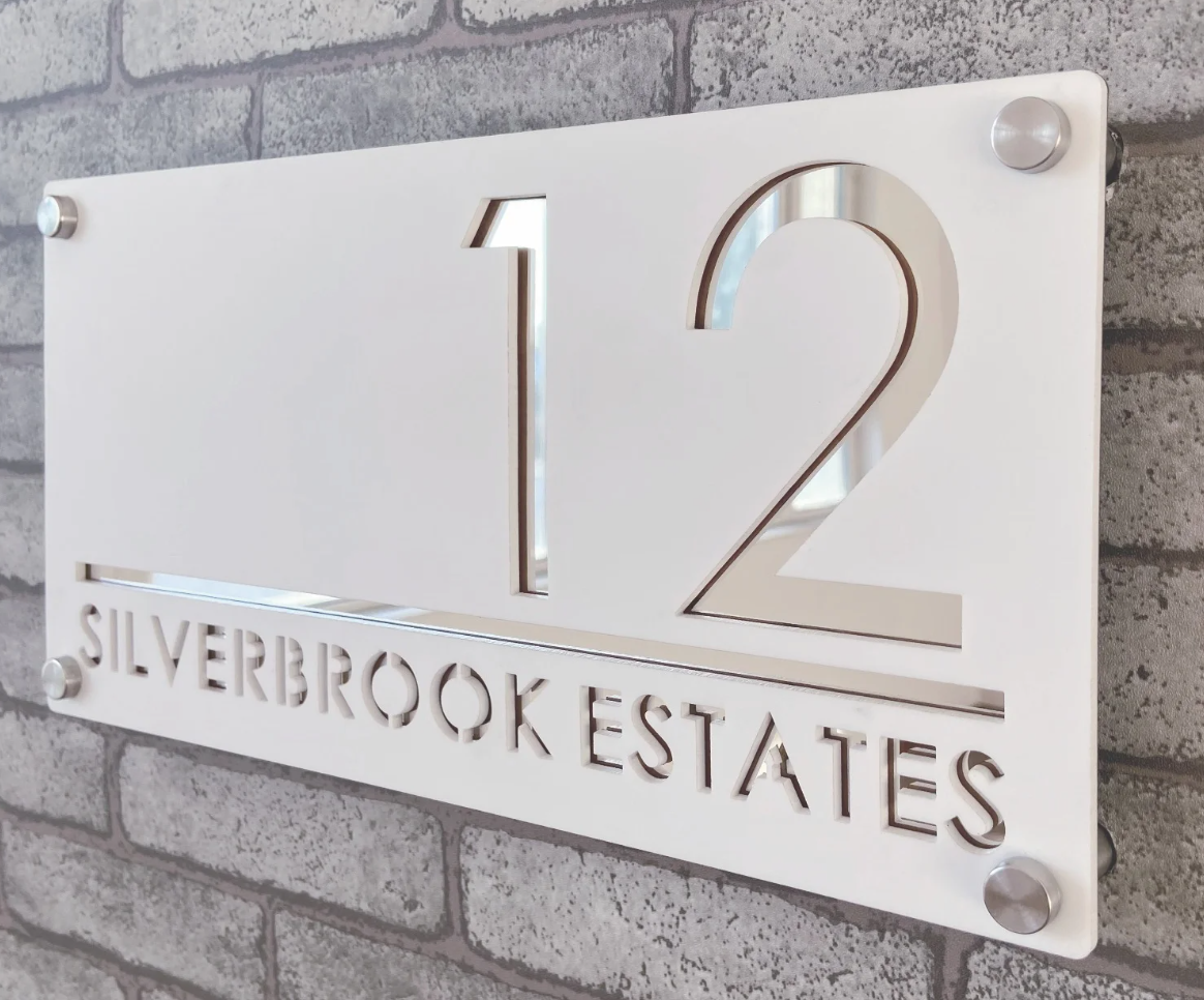 CUSTOM HOUSE SIGN NUMBER STREET SIGN WHITE SILVER ACRYLIC ADDRESS DOOR WALL PLAQUE