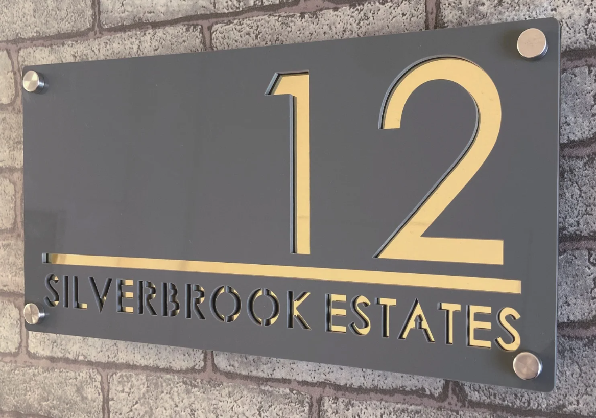 CUSTOM HOUSE SIGN NUMBER STREET SIGN GREY GOLD ACRYLIC ADDRESS DOOR WALL PLAQUE