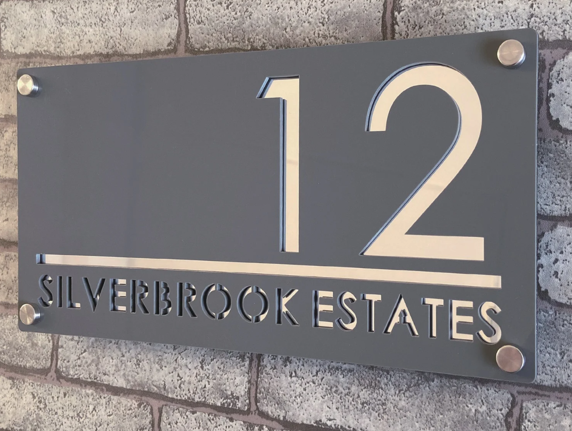 CUSTOM HOUSE SIGN NUMBER STREET SIGN GREY SILVER ACRYLIC ADDRESS DOOR WALL PLAQUE