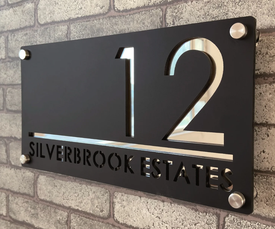 CUSTOM HOUSE SIGN NUMBER STREET SIGN BLACK SILVER ACRYLIC ADDRESS DOOR WALL PLAQUE