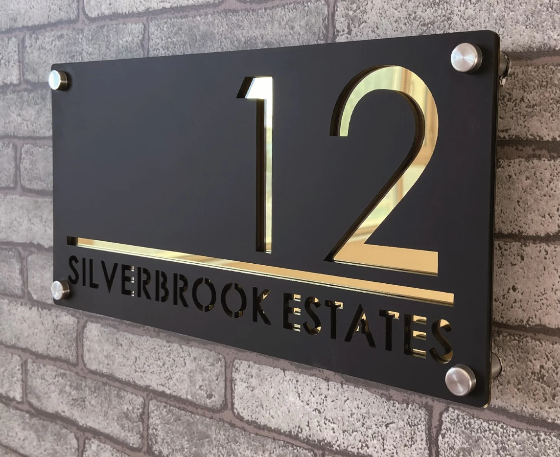 CUSTOM HOUSE SIGN NUMBER STREET SIGN BLACK GOLD ACRYLIC ADDRESS DOOR WALL PLAQUE