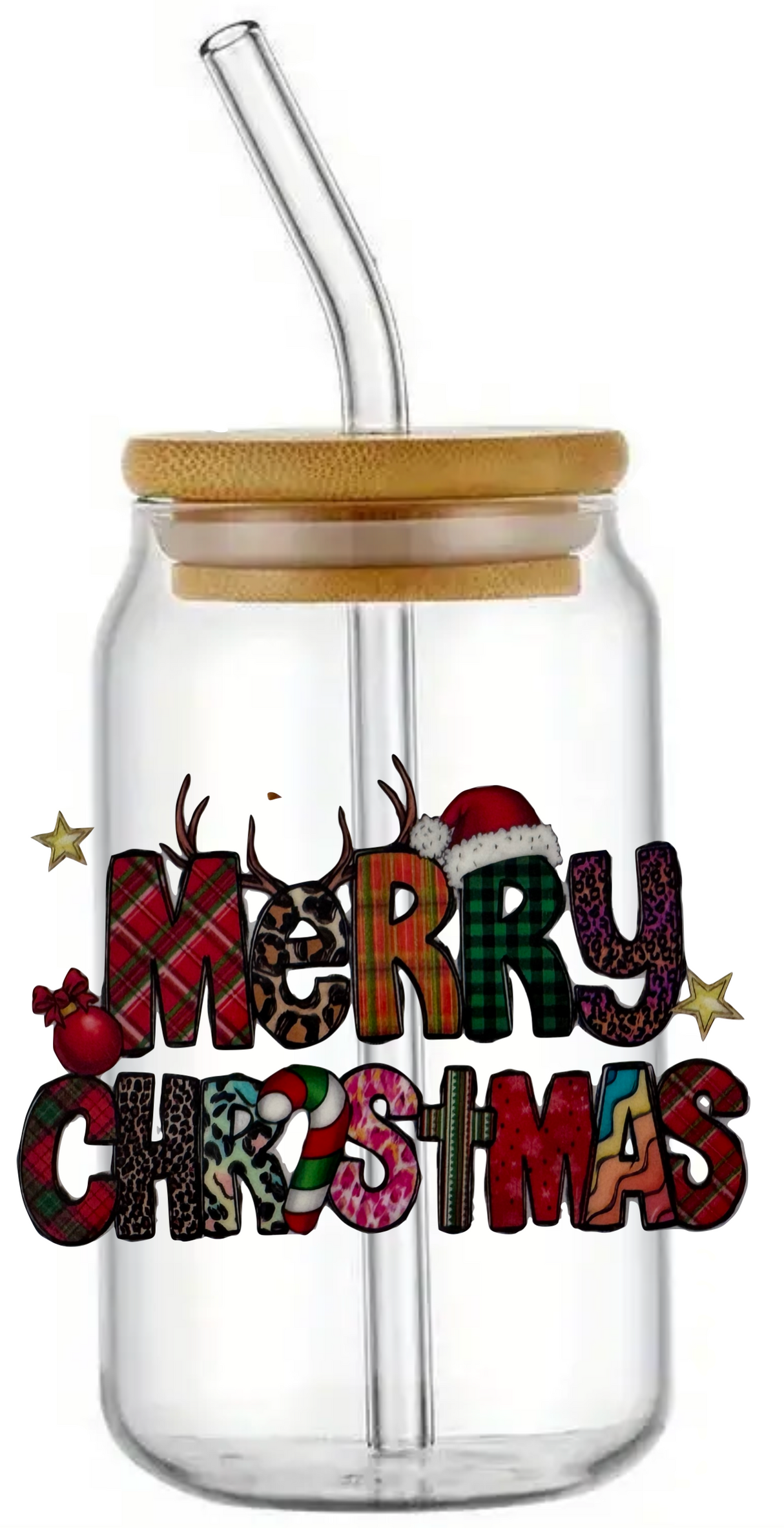 CHRISTMAS MERRY XMAS FESTIVE GLASS JAR TUMBLER CUP WITH LID, STRAW AND BRUSH