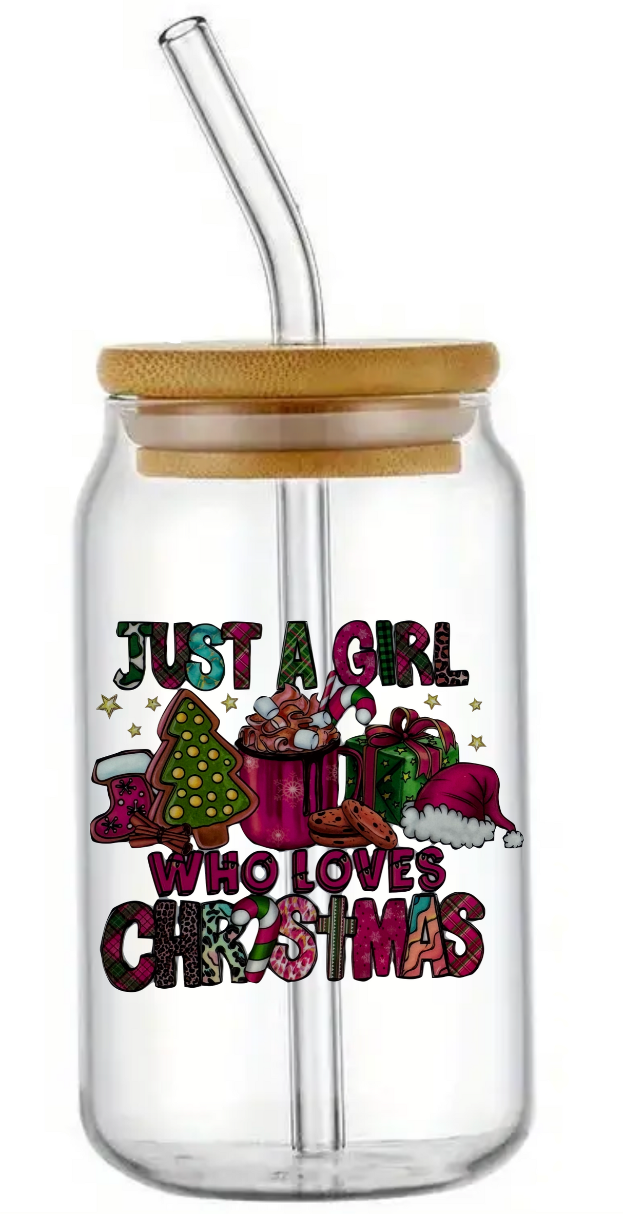 NOVELTY CHRISTMAS XMAS FESTIVE GLASS JAR TUMBLER CUP WITH LID, STRAW AND BRUSH