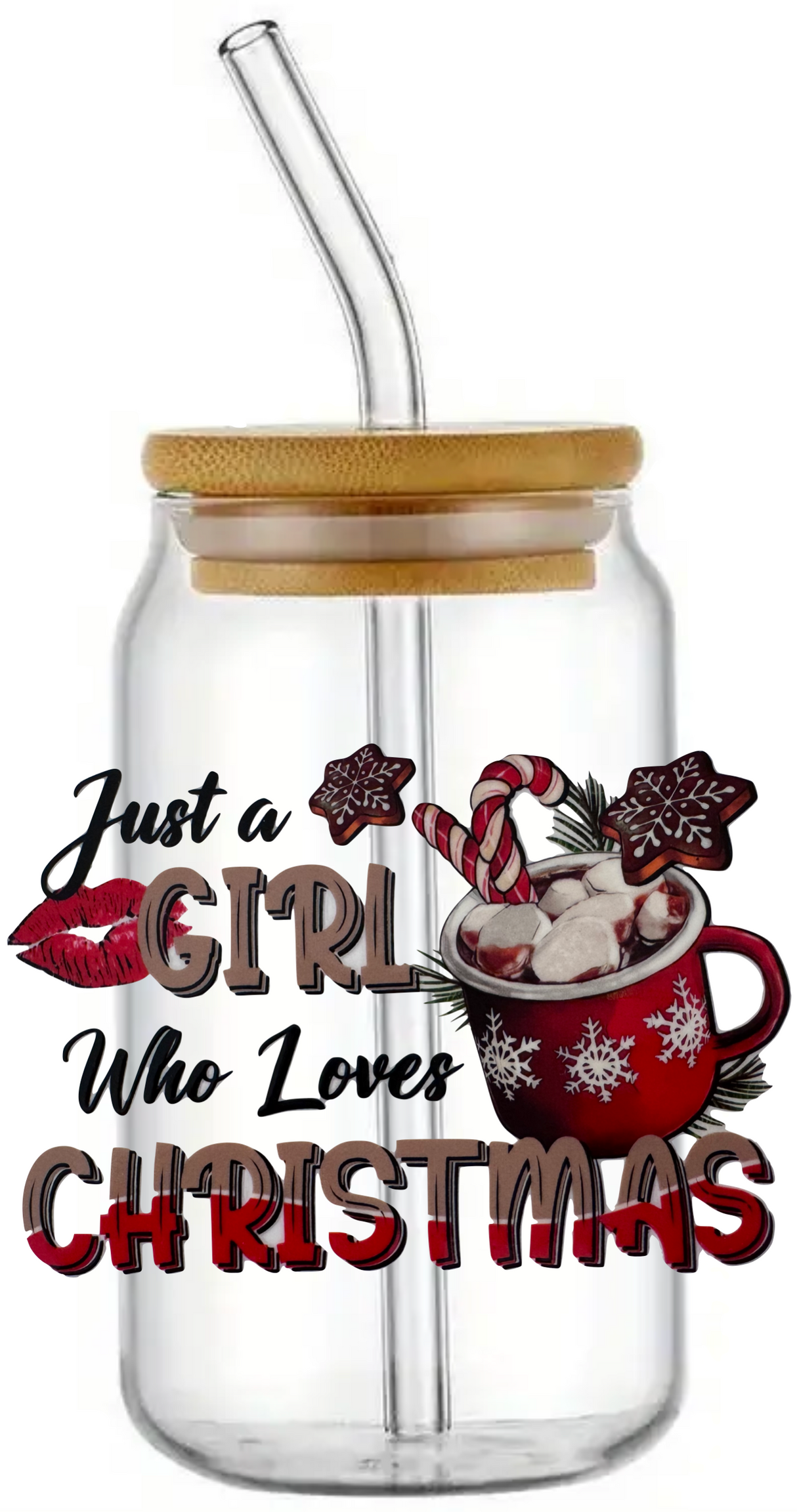 CHRISTMAS XMAS NOVELTY FESTIVE GLASS JAR TUMBLER CUP WITH LID, STRAW AND BRUSH