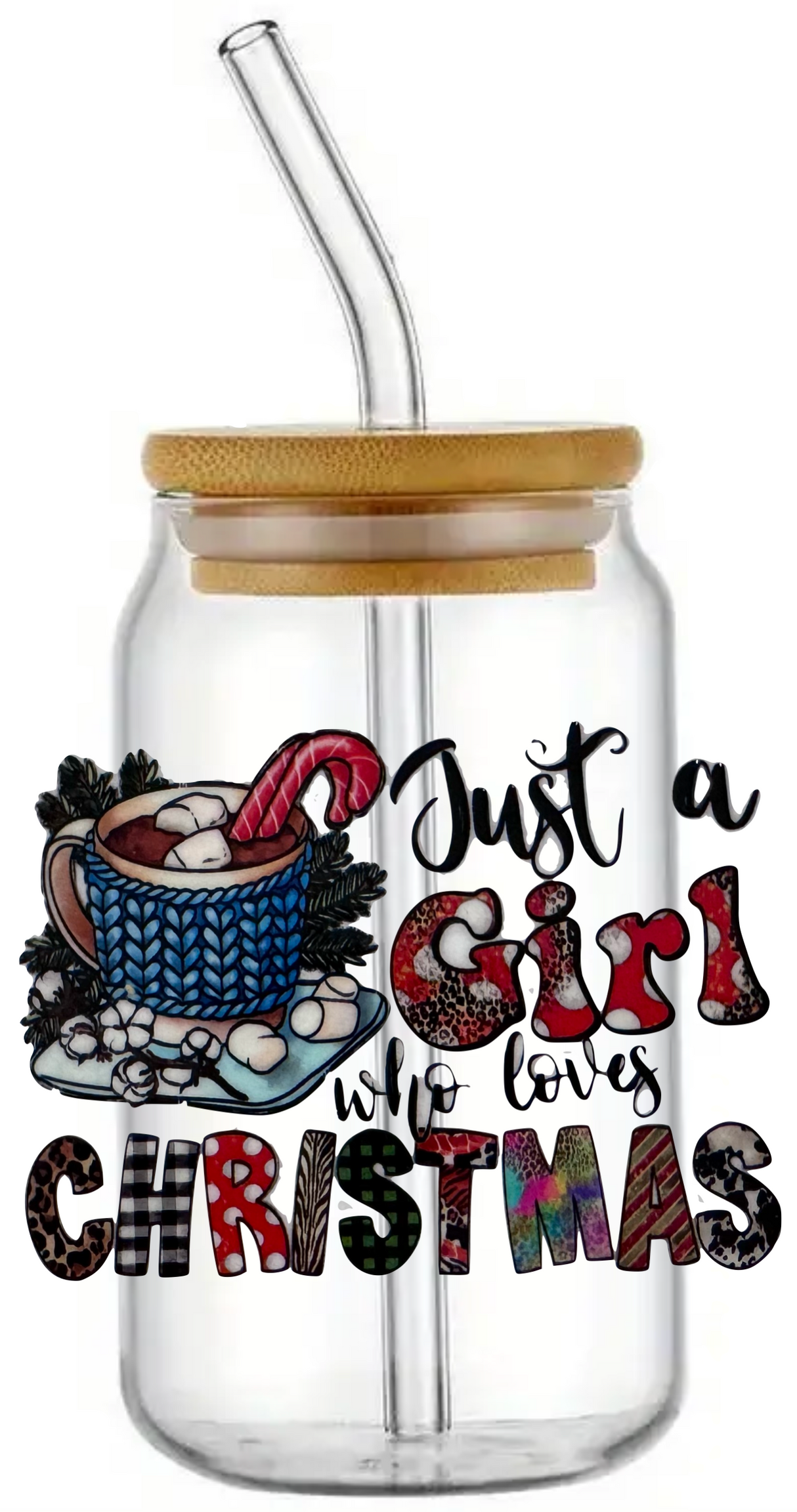 CHRISTMAS XMAS FESTIVE NOVELTY GLASS JAR TUMBLER CUP WITH LID, STRAW AND BRUSH