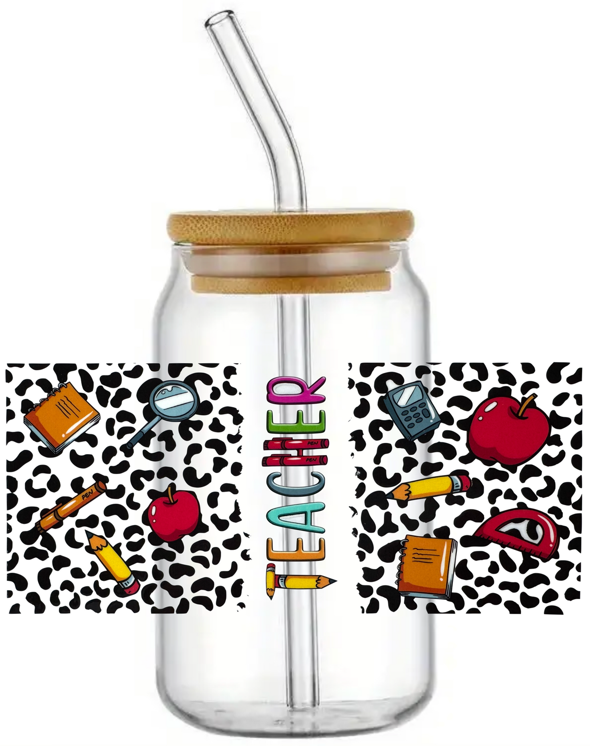 SCHOOL TEACHER LEARNING GIFT GLASS JAR TUMBLER CUP WITH LID, STRAW AND BRUSH