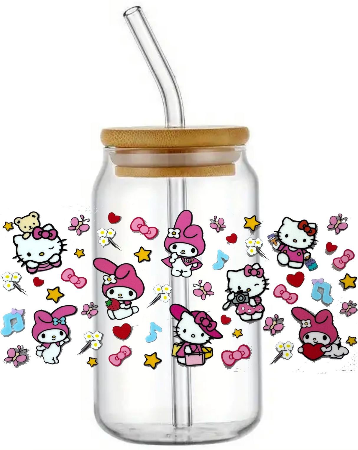 HELLO KITTY FRIENDS MY MELODY GLASS JAR TUMBLER CUP WITH LID, STRAW AND BRUSH