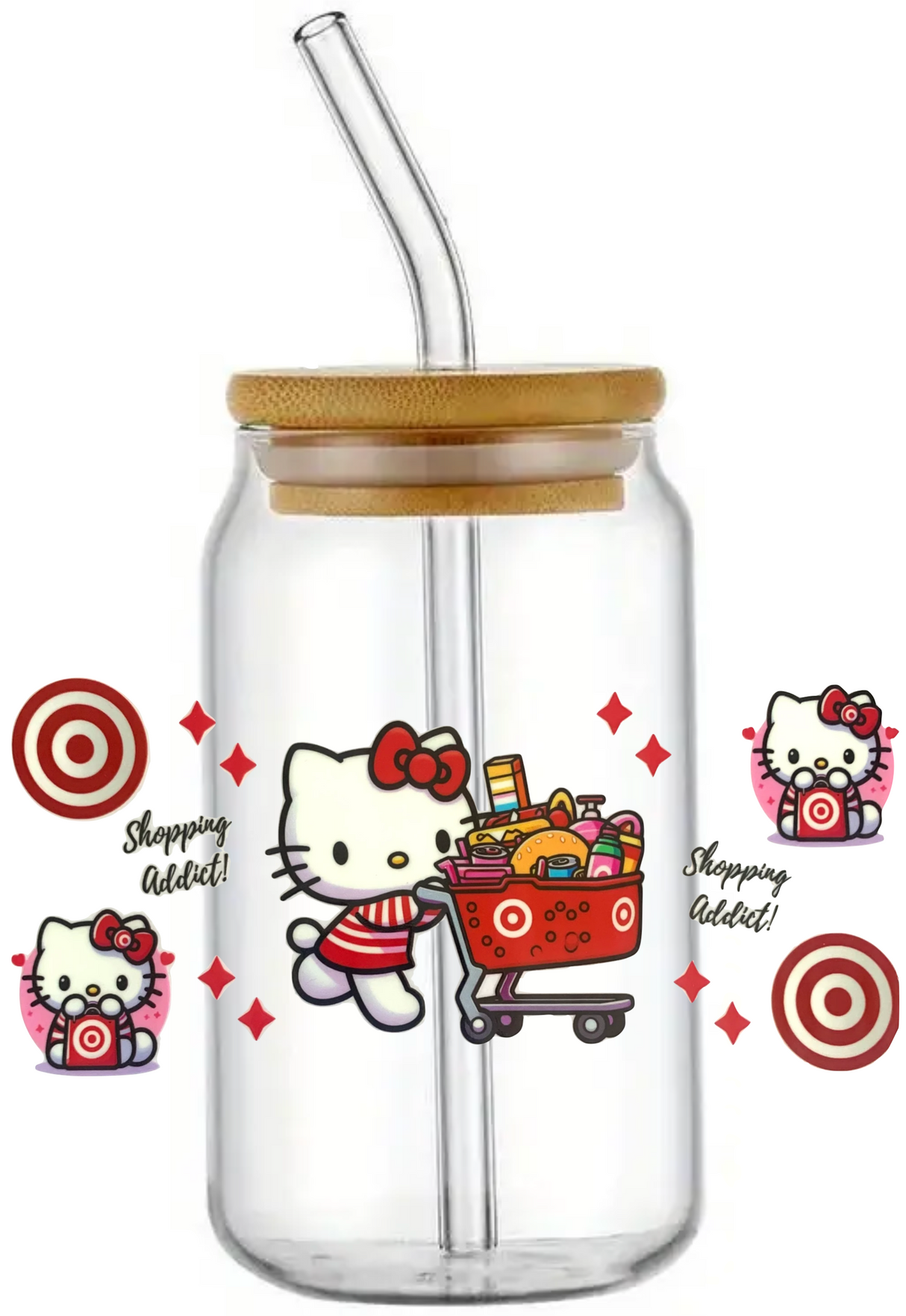 HELLO KITTY SHOPPING NOVELTY GLASS JAR TUMBLER CUP WITH LID, STRAW AND BRUSH