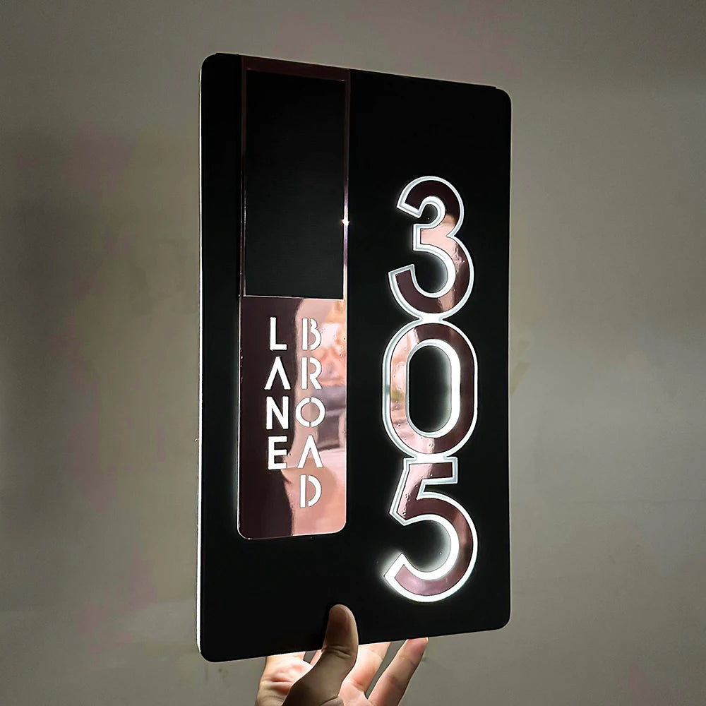 CUSTOM SOLAR LED HOUSE NUMBER SIGN ADDRESS CUSTOM ACRYLIC VERTICAL BACKLIT ROSE GOLD SILVER
