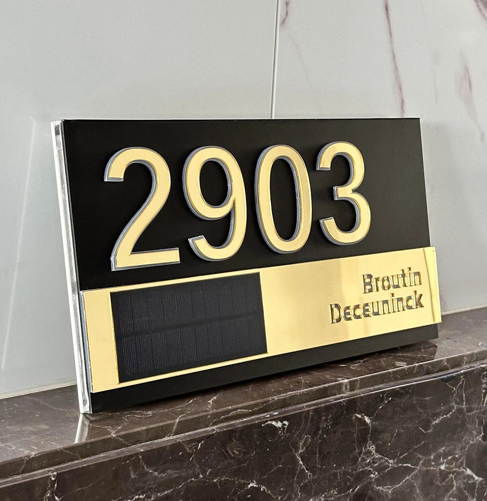 CUSTOM SOLAR LED HOUSE NUMBER SIGN ADDRESS CUSTOM ACRYLIC HORIZONTAL BACKLIT GOLD SILVER