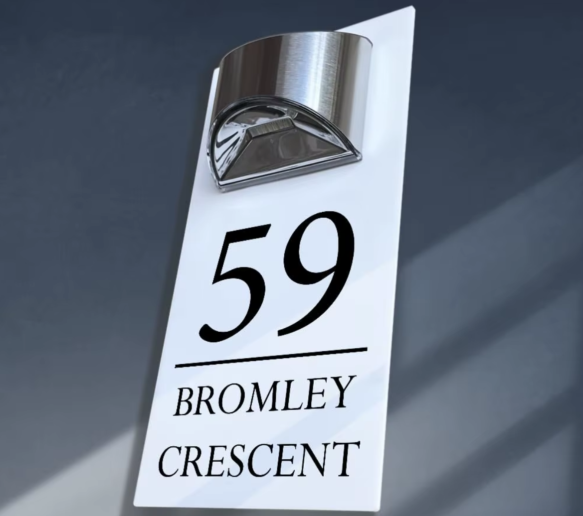 Custom White Solar LED House Sign | Personalised Illuminated Address Plaque