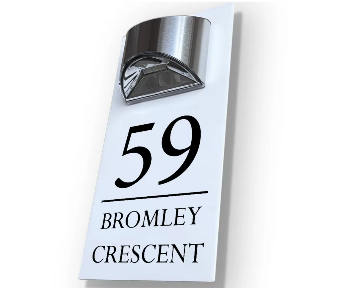 Custom White Solar LED House Sign | Personalised Illuminated Address Plaque