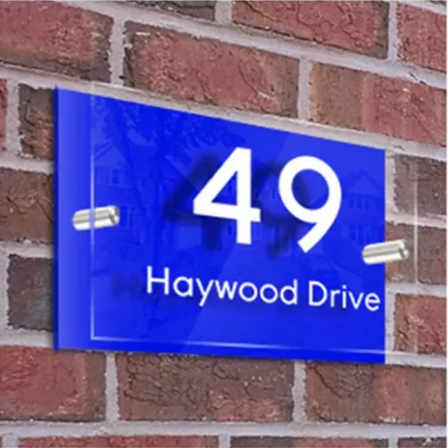CUSTOM BLUE HOUSE SIGN ADDRESS NUMBER STREET ACRYLIC GLASS EFFECT PLAQUE